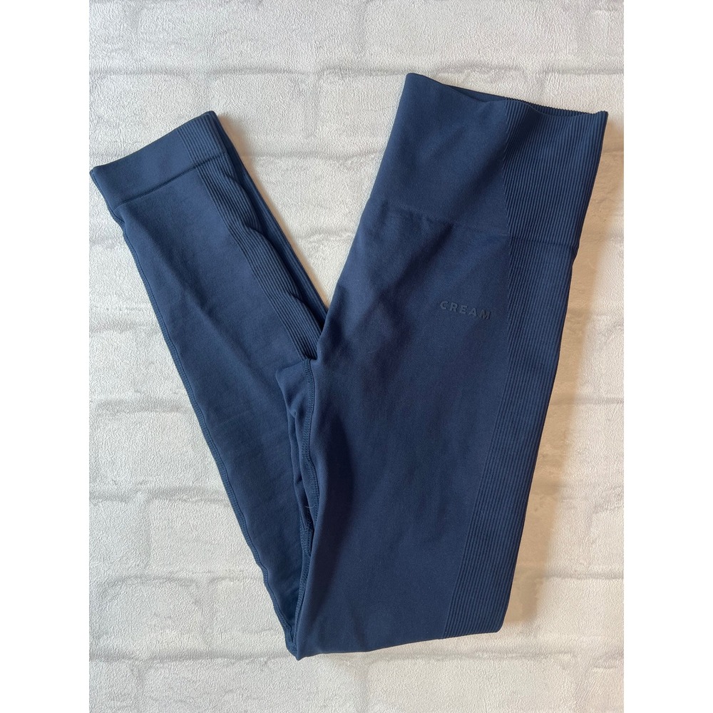 Cream Yoga Navy Blue High Waisted Seamless Ribbed Leggings Small Pilates active